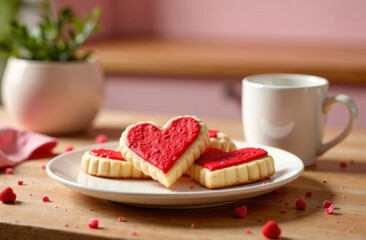 Heart-shaped cookies with red icing on a white plate, wooden table background, perfect for Valentine's Day celebration