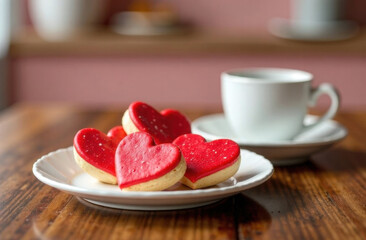 Heart-shaped cookies with red icing on a white plate, wooden table background, perfect for Valentine's Day celebration