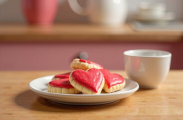 Heart-shaped cookies with red icing on a white plate, wooden table background, perfect for Valentine's Day celebration