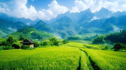 Obraz premium Mountainous landscape, green fields, cozy cottage picturesque harmony and tranquility