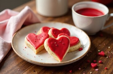 Heart-shaped cookies with red icing on a white plate, wooden table background, perfect for Valentine's Day celebration