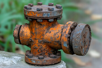 Rusty cross valve, outdoor setting, blurred background, industrial use