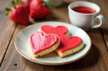 Heart-shaped cookies with red icing on a white plate, wooden table background, perfect for Valentine's Day celebration
