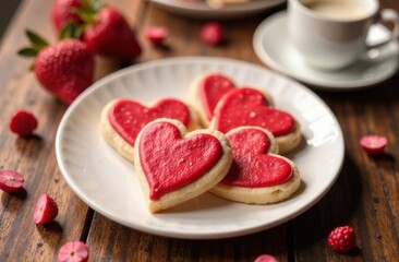 Heart-shaped cookies with red icing on a white plate, wooden table background, perfect for Valentine's Day celebration