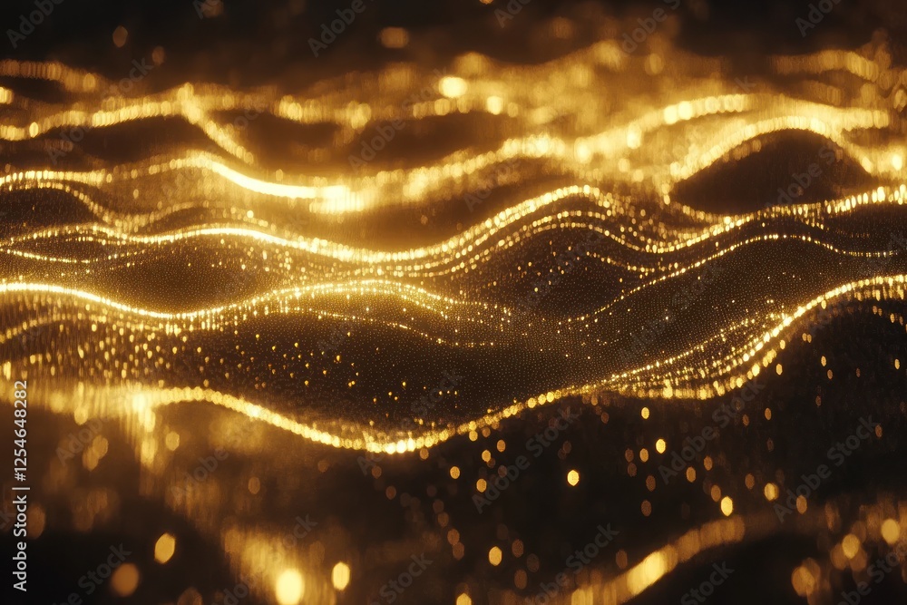 Poster glowing golden waves with sparkling particles in motion