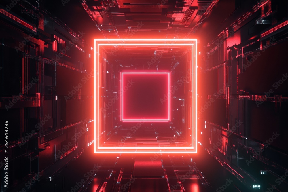 Poster Futuristic microchip design with glowing neon lights in a geometric tunnel structure. Generative AI