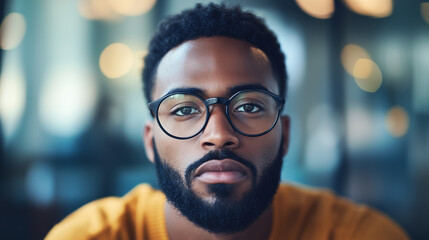 Fototapeta premium Focused young Black man with artistic energy, sporting classy glasses and a neat beard, exuding ambition and style in a chic office or café