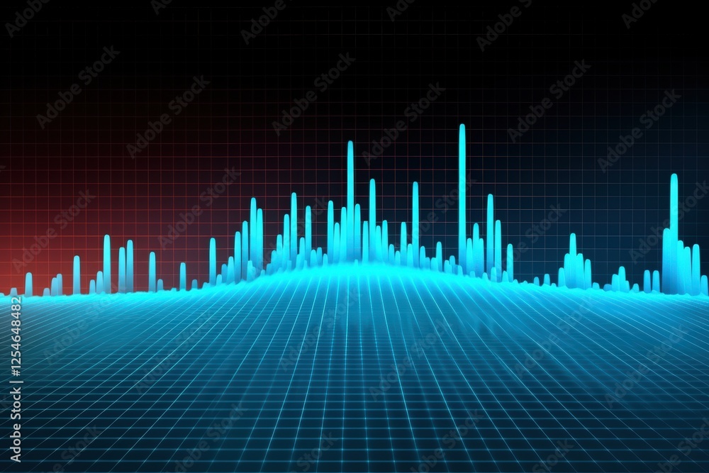Poster abstract digital waveform visualization on a grid background with vibrant blue colors and dynamic pe