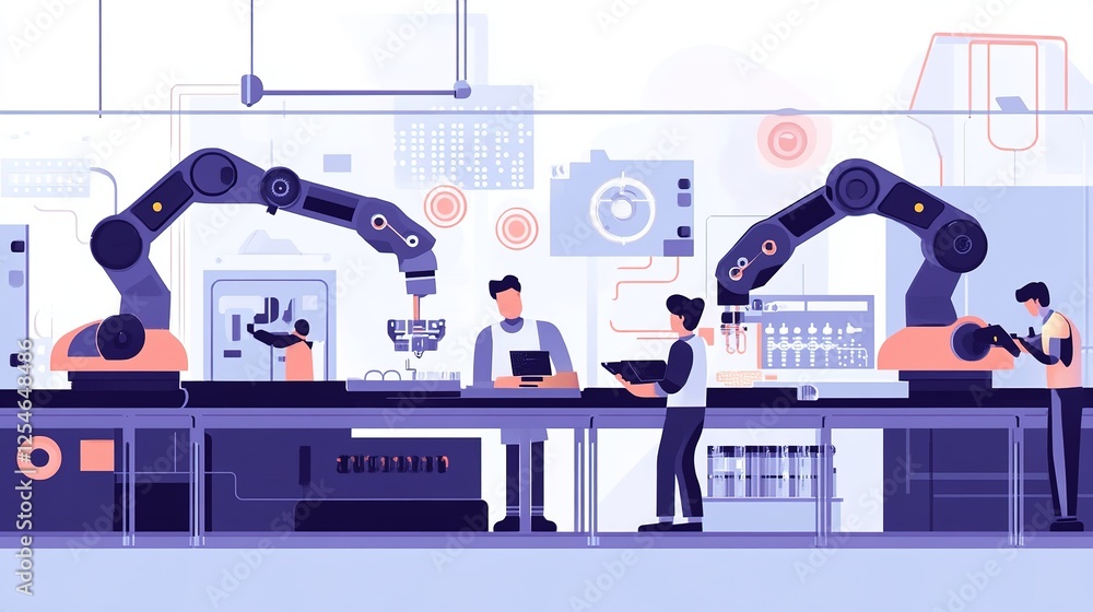 Poster engineers programming robotic arms to automate complex tasks in manufacturing.