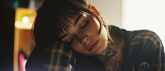 Fototapeta premium A woman with tattoos and bangs peacefully sleeps in a warmly lit room, capturing a moment of quiet rest and personal expression.