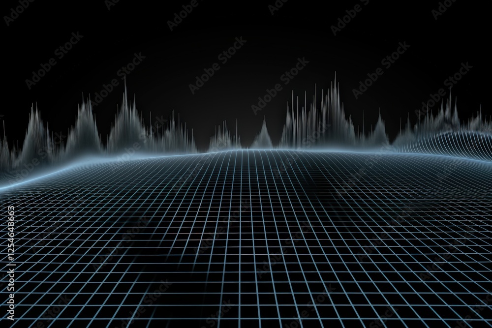Poster abstract visualization of a waveform with grid structure in dark background, representing sound freq