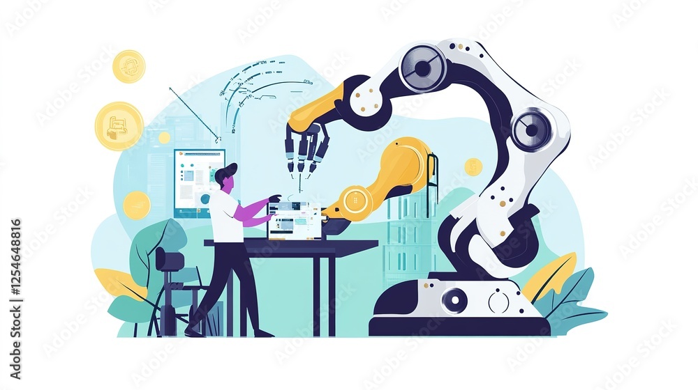 Poster engineers programming robotic arms to automate complex tasks in manufacturing.