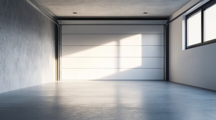 Obraz premium Empty modern garage interior, sunlight, concrete floor, storage