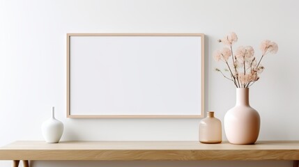 Minimalist Interior Mockup Featuring Blank Frame Decorated with Decorative Vases and Delicate Flowers on Wooden Shelf