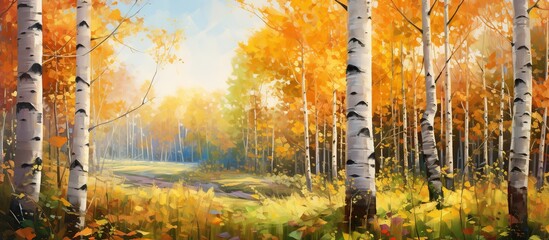 Beautiful birch forest in afternoon sunny day on autumn season view. AI generated image