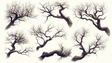 Obraz premium Artistic illustration of various bare tree branches showcasing intricate patterns and textures