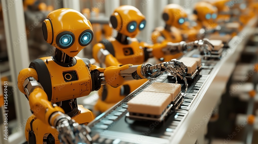 Poster industrial robots assembling products on a factory line with precision.