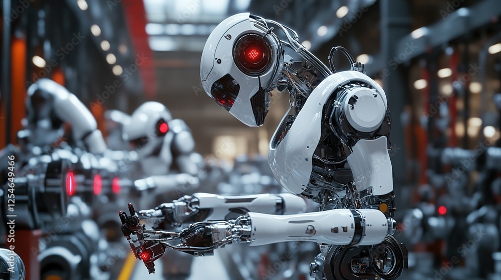 Poster industrial robots assembling products on a factory line with precision.