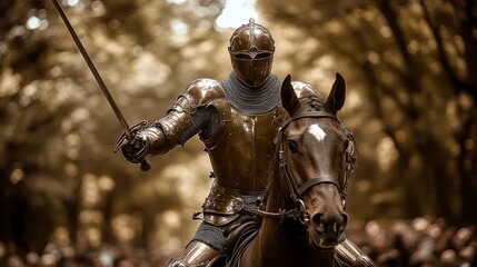 A warrior in shining armor on a horse, wielding a blade, surrounded by a blurred crowd and forest background, in sepia tones