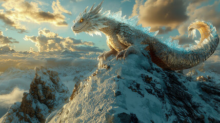 Fototapeta premium Majestic ice dragon perched on a snowy mountain peak during a vibrant sunset with clouds