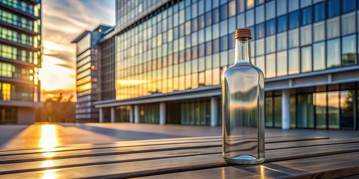 Grey rectangle glass bottle on table in front of building at sunset, modern architecture, grey rectangle glass bottle