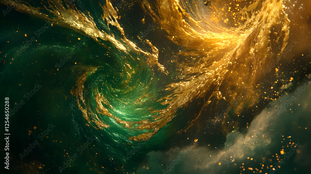 Poster green and gold swirl in dark swirling cloud background creating a dramatic abstract pattern