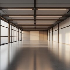Spacious industrial loft interior, sunlight streaming through large windows, empty floor, potential workspace