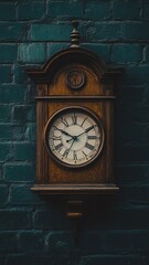 Fototapeta premium Antique wooden clock on dark wall.