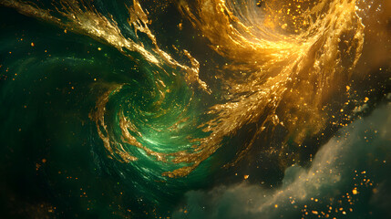 Green and gold swirl in dark swirling cloud background creating a dramatic abstract pattern