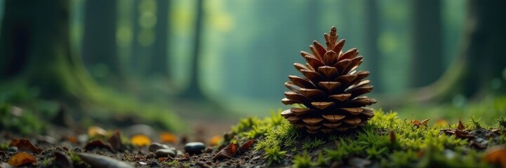 Resin-encased fir cone in misty forest atmosphere, forest, foliage, coniferous