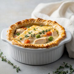 A traditional and comforting chicken pot pie with a flaky crust and a creamy filling of chicken and vegetables, served in a ceramic dish, Pot pie centered