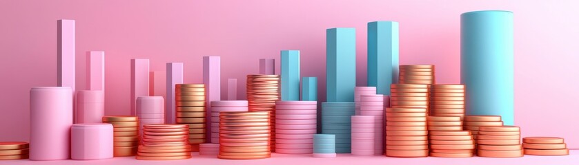 A colorful arrangement of coins and cylindrical shapes, representing financial growth and investment, set against a vibrant pink background.
