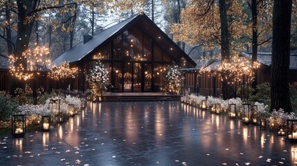 Obraz premium Autumn wedding venue, forest setting, candlelit path
