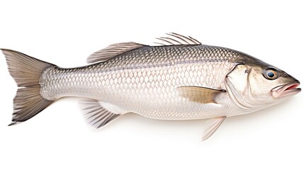 Fototapeta premium Single raw fresh sea bass isolated on white background. AI generated image