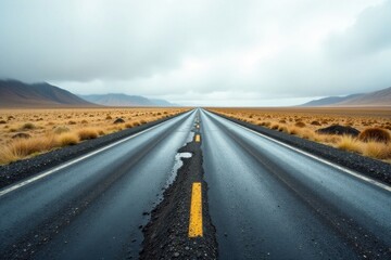 Solitary Asphalt Ribbon Unfurling Through a Vast, Undulating, and Desolate Plainscape Under a Cloudy Sky