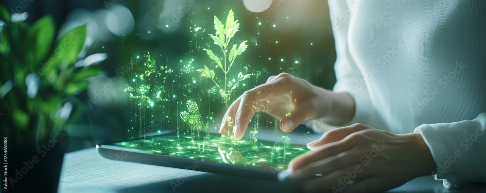 Poster corporate professional using a digital tablet with floating esg holograms
