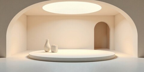Serene Minimalist Interior with Architectural Arches and Subtle Lighting, Featuring a Circular Display Platform and Simple Ceramic Vessels