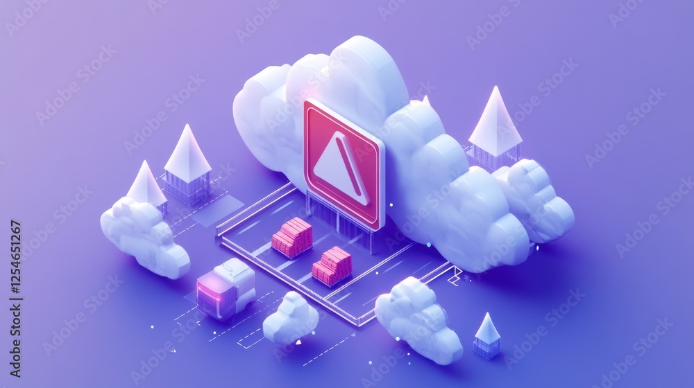 Poster isometric illustration of cloud computing server error with cars.