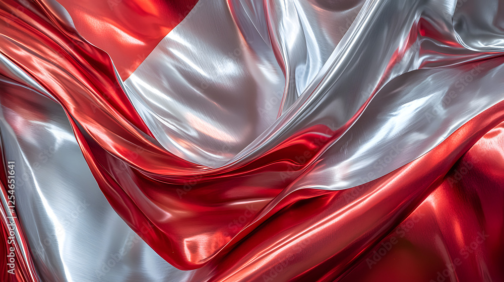 Poster close up of red and silver fabric with dramatic swirl pattern showcasing rich ruby tones and intrica