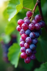 Soft purple clusters of juicy grapes hang from a vine, foliage, texture, lush