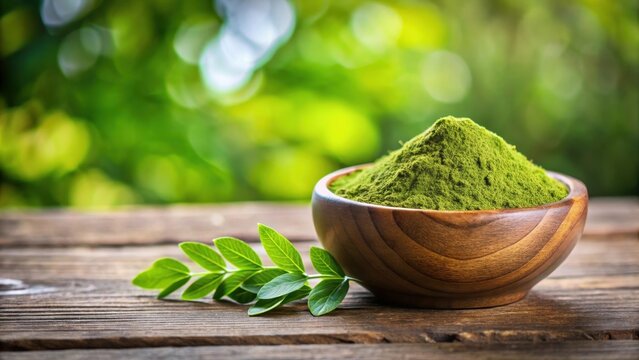 A wooden bowl containing a generous amount of moringa leaf powder on a serene natural background with earthy tones, Healthy Supplements, Wood Bowl