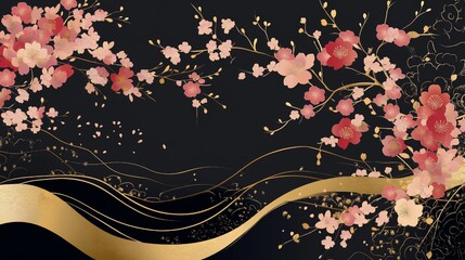 幻想的な和風アート｜金彩が輝く桜と優雅な波模様の構図