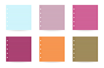 Set of square paper reminders, realistic stickers with striped markings. Vector illustration on isolated white background with shadows, trendy colors