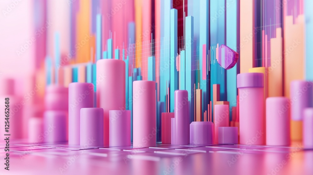 Poster a vibrant digital visualization of colorful bar charts, representing data analysis and trends in a m