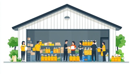 Team organizing supplies in a warehouse, showcasing teamwork and efficiency in logistics