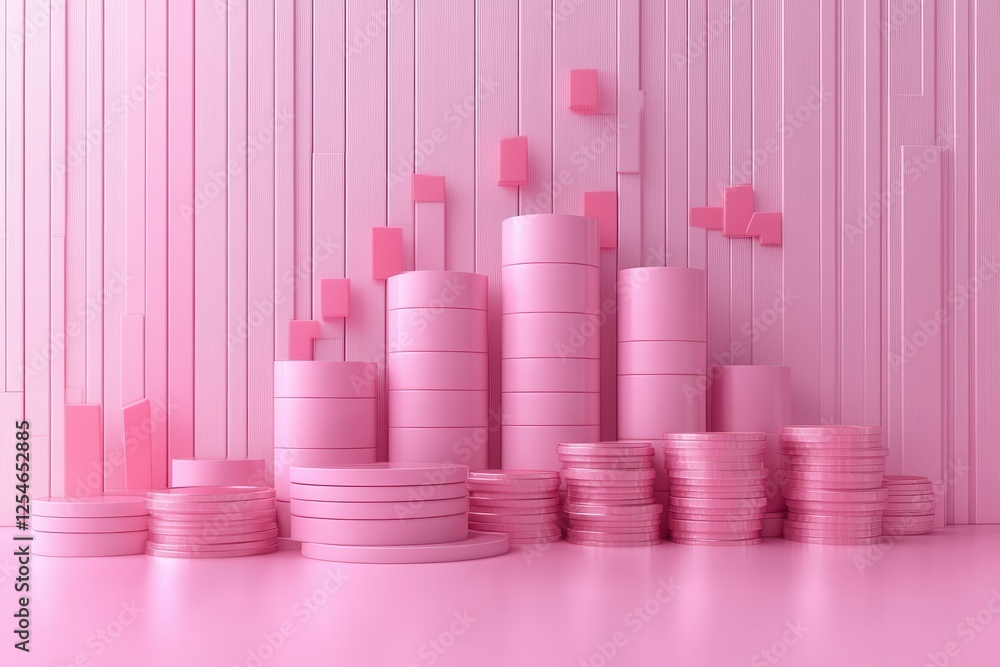 Poster a minimalist pink-themed composition featuring cylindrical shapes and stacks, creating a visual repr