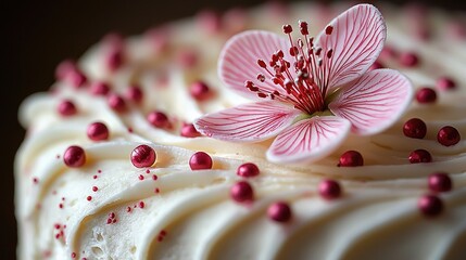 Close-up of a beautifully decorated cake topped with pink flower and red beads, showcasing intricate icing