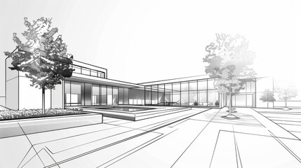 Architecture vector illustration, detailed building design sketch, technical blueprint drawing, modern structural line art visualization

