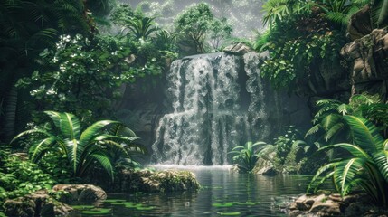 Beautiful waterfall on lush vegetation in green natural rainforest background. AI generated