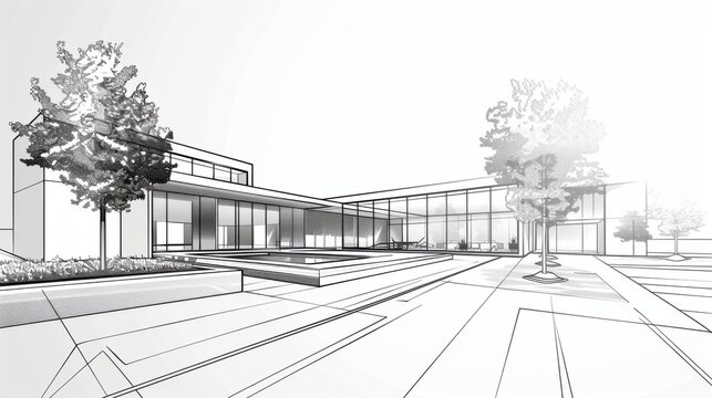 Architecture vector illustration, detailed building design sketch, technical blueprint drawing, modern structural line art visualization

